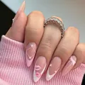 Pink and white French tip almond press-on nails with 3D bows and pearl accents - Glue Type