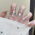 Long almond cat eye press-on nails with shimmering blush gradient and glitter finish - Boxed Style