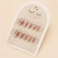 Short brown cat-eye press-on nails with 3D silver bows and cute cat art design - Cute Cat (BY2178)