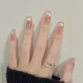Almond-shaped pink-brown gradient press-on nails with cat-eye effect and butterfly charms - Full Specification Box