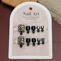 Uñas postizas para pies negras hechas a mano con elegantes cristales y purpurina - Estilo de Pegamento (ZF61)