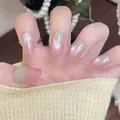 Unghie finte sfumate rosa e verdi con effetto cat-eye e forma a mandorla lucida - Chiaro Dopo la Pioggia Sfumato Occhio di Gatto in Scatola (BY2224)