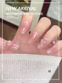 Detailed view of pink gradient press-on nails with 3D peach charms and glitter finish - By2190 / Full Sizes (M/S/XS)#30 Pieces/Plate