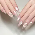 Elegant long almond press-on nails in nude pink with 3D floral accents and pearls - M / Sanrio-Style Pink Cat (BY2334)