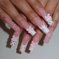 Uñas postizas French rosa y blanco con lazos 3D, perlas y diseño Balletcore - Estilo con Kit de Herramientas / Estilo Jade Rosa Degradado