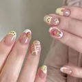 Cute pink and yellow press-on nails with 30pcs featuring strawberry bear and 3D bows - By2087 / Full Sizes (M/S/XS)#30 Pieces/Plate