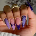 Purple and pink almond press-on nails with 3D floral textures and gold bead accents - Glue Type / Deep Purple And Pink Contrast