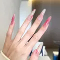 Long stiletto press-on nails with pink gradient, 3D roses, pearls, and water droplets - Full Set Boxed Style (BY2267)