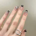 Short coffin press-on nails with nude gradient, black French tips, bows, and heart designs - M / Black Starry Sky (BY2307)