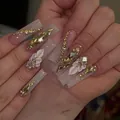French coffin press-on nails with 3D white flowers and sparkling gold rhinestones - Luxury Glitter Style (BZ1064) / Phototherapy Tool Kit Style