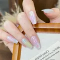 Short coffin press-on nails featuring pastel gradient stars and iridescent cat-eye finish - Mist Flower Long Coffin Style / Press-On Nails