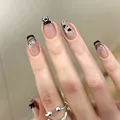 Short trapezoid press-on nails with black French tips, bows, and heart rhinestone accents - M / Black Jade Starry Sky Style (BY2307)