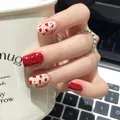 Short square red and white heart cow pattern press-on nails with a glossy finish - Press-on Nails (Boxed) / Red Agate