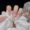 Press-on nails with 3D white butterfly and floral accents on nude cat eye base - Glue Type / Ice Soul Snow Spirit Style (BY1054)