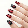 Short press-on nails with red and black cat-eye gradient and 3D star jewelry decor - Press On Nails (Boxed Style) / Gothic Phantom (BY2502-1)