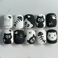 Faux ongles minimalistes chat noir et blanc pour enfants avec motifs d'animaux mignons - Chat Noir Blanc (Type Colle)
