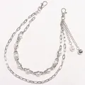 Hip hop silver metal pants chain with pearl accents and lobster clasps for men - Silver-White Double Layer Pearl Pants Chain