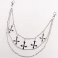 Close-up of three-layered metal trousers chain with black enamel star cross pendants - Black