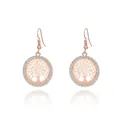 Close-up of rose gold tree of life drop earrings with sparkling crystal accents - Earrings / Gold