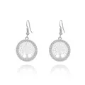 Silver Tree of Life dangle earrings with circular zircon halo and fishhook back - Earrings / Silver