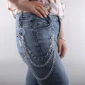 Three-layer silver metal body chain with U-shaped links and lobster clasps for jeans - Round Ring Triple Layer Pants Chain