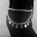 Double-layered silver metal waist chain with embossed coin pendants for women dress - Silver