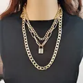 Three-layer golden necklace featuring chunky paperclip chain and vintage padlock pendant - Style 3 (Three Layer Padlock Necklace) / Gold