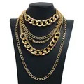 Chunky gold multi-layer chain necklace with vintage key and lock pendant on a bust - Style 7 (Multi Layer Heavy Chain Necklace) / Gold