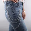 Three-layer silver metal waist chain with oval rings and spring hooks on denim - Style 9 (Three Layer Hook Waist Chain) / Silver