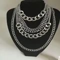 Silver multi-layer chunky necklace with key and lock pendants on black display - Style 7 (Multi Layer Heavy Chain Necklace) / Silver