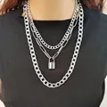 Punk silver multi-layer necklace with cuban chains and padlock pendant for women - Style 3 (Three Layer Padlock Necklace) / Silver