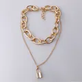 Double layer gold-plated necklace featuring a chunky curb chain and small lock pendant - Double Layer Thick Chain Lock Pendant Necklace / Gold