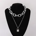 Modern double layer silver chain necklace with a vintage lock pendant on a black stand - Double Layer Thick Chain Lock Pendant Necklace / Silver