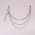Close-up of triple-layered silver metal pants chain with punk style cross pendants - Cross Pendant Style / Silver