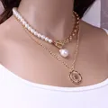Baroque pearl double layer necklace with gold chain and vintage coin pendant - Gold
