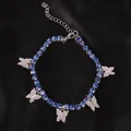 Sparkling blue rhinestone butterfly anklet with silver finish and adjustable chain - Large Blue Zircon Silver