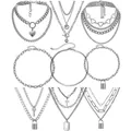 Set di nove collane multistrato color argento con pendenti a cuore e a croce - Combinazione a Strati Multi-Pendenti / Argento