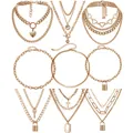 Set di nove collane dorate con ciondoli a cuore, lucchetto, croce e moneta antica - Combinazione a Strati Multi-Pendenti / Oro