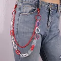 Hip hop layered red acrylic pant chain with colorful hollow heart rings on denim jeans - Red