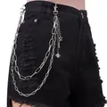 Black denim shorts featuring punk style double-layered silver chains with star pendants - Star Moon Planet Pendant Style / Silver
