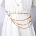 Exaggerated multi-layered gold metal waist chain with fringe and rings on white dress - Circle Style / Gold
