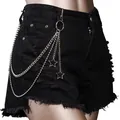 Distressed black high-waisted denim shorts featuring layered metal waist chain with stars - Bead Chain Pentagram Style / Silver