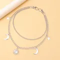 Double-layered silver waist chain featuring celestial sun moon and star charms - Sun Moon Star Style / Silver