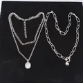 Silver multi-layer coin pendant necklace and paperclip chain with T-bar closure - Layered Necklace Set / Silver