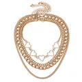 Collana multifilo dorata a tre strati con ciondoli a cuore e catena a maglia tipo cubano - Set Stile Cuore Traforato / Oro