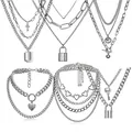 Set di collane a strati argento con ciondoli a cuore, croce e lucchetto - Collezione Catene a Strati Trendy / Argento
