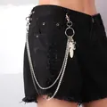 Silver double layer pants chain with cross and feather pendants for streetwear style - Style 0099 / Silver