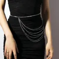 Silver multilayer metal chain waist belt for women on black slim dress accessory - Silver