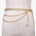 Multi-layer gold metal body chain with chunky Cuban links and vintage coin pendant - Portrait Coin Pendant Layered Waist Chain