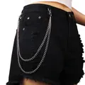 Punk style black denim shorts with layered silver metal chains and ripped fringe detail - Double Layer Pant Chain